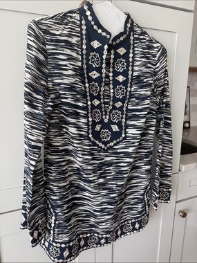 Tory Burch Navy and White Embroidered Patterned Tunic